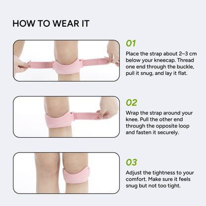 Step-by-step guide showing how to wear a patella knee strap correctly, including placement below the kneecap, securing the strap, and adjusting for a comfortable fit