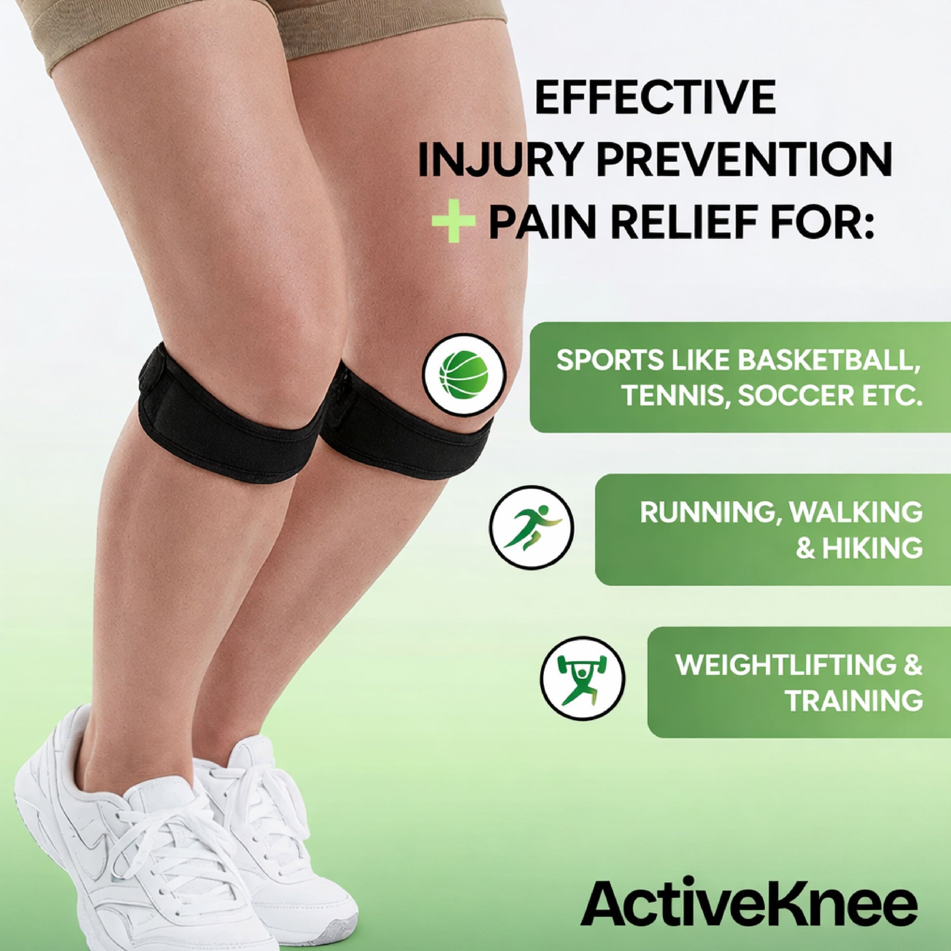 Knee support strap providing patella stabilization and pain relief for running, sports, and training activities