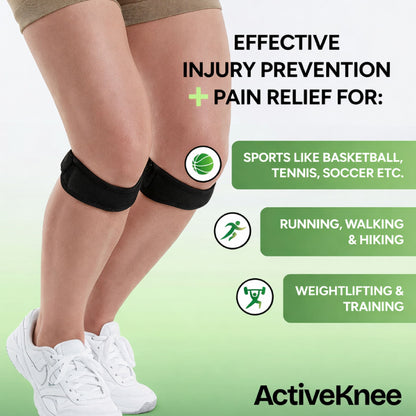 Knee support strap providing patella stabilization and pain relief for running, sports, and training activities