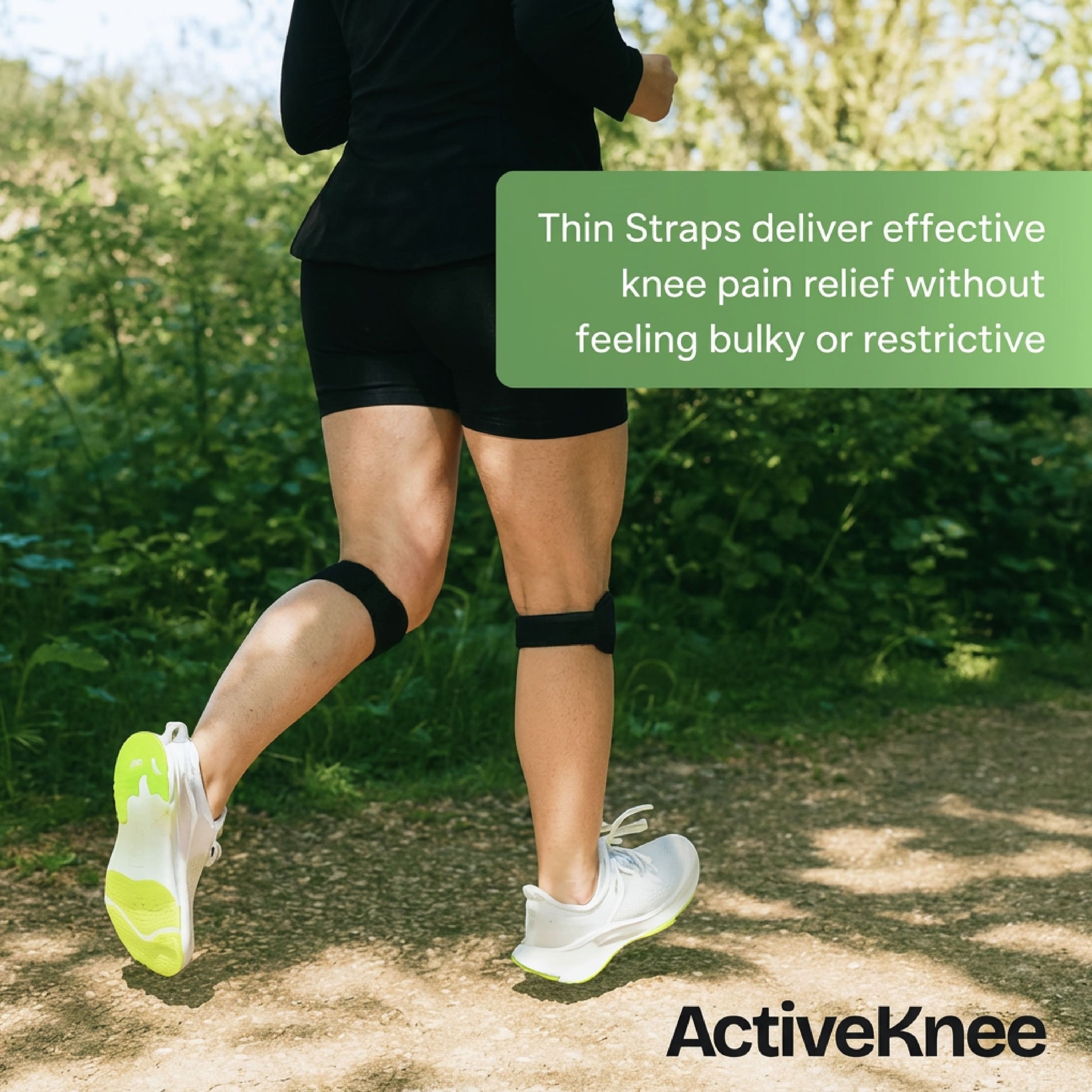 Lightweight knee strap for running and outdoor activity, providing comfortable patella support and pain relief without bulk