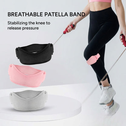 Breathable patella knee band set in multiple colors, worn during workout to support the knee, reduce pressure, and improve stability during training