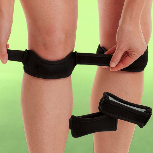 Adjustable patella tendon strap worn below the knee, providing targeted support and relief for knee pain during sports and daily activity